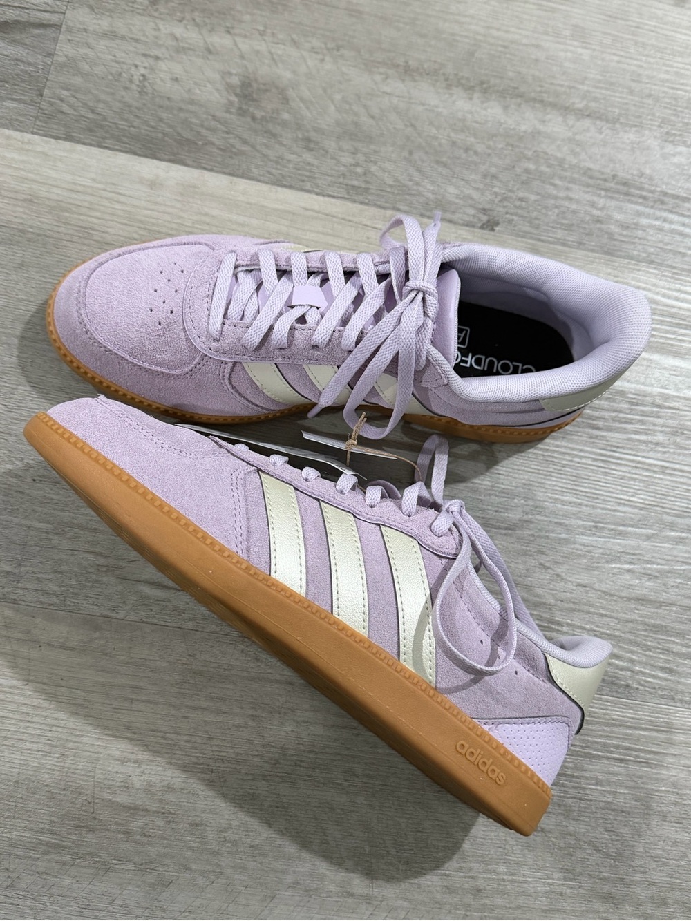 adidas Lavender Suede Sneakers with Cream Stripes and Gum Sole